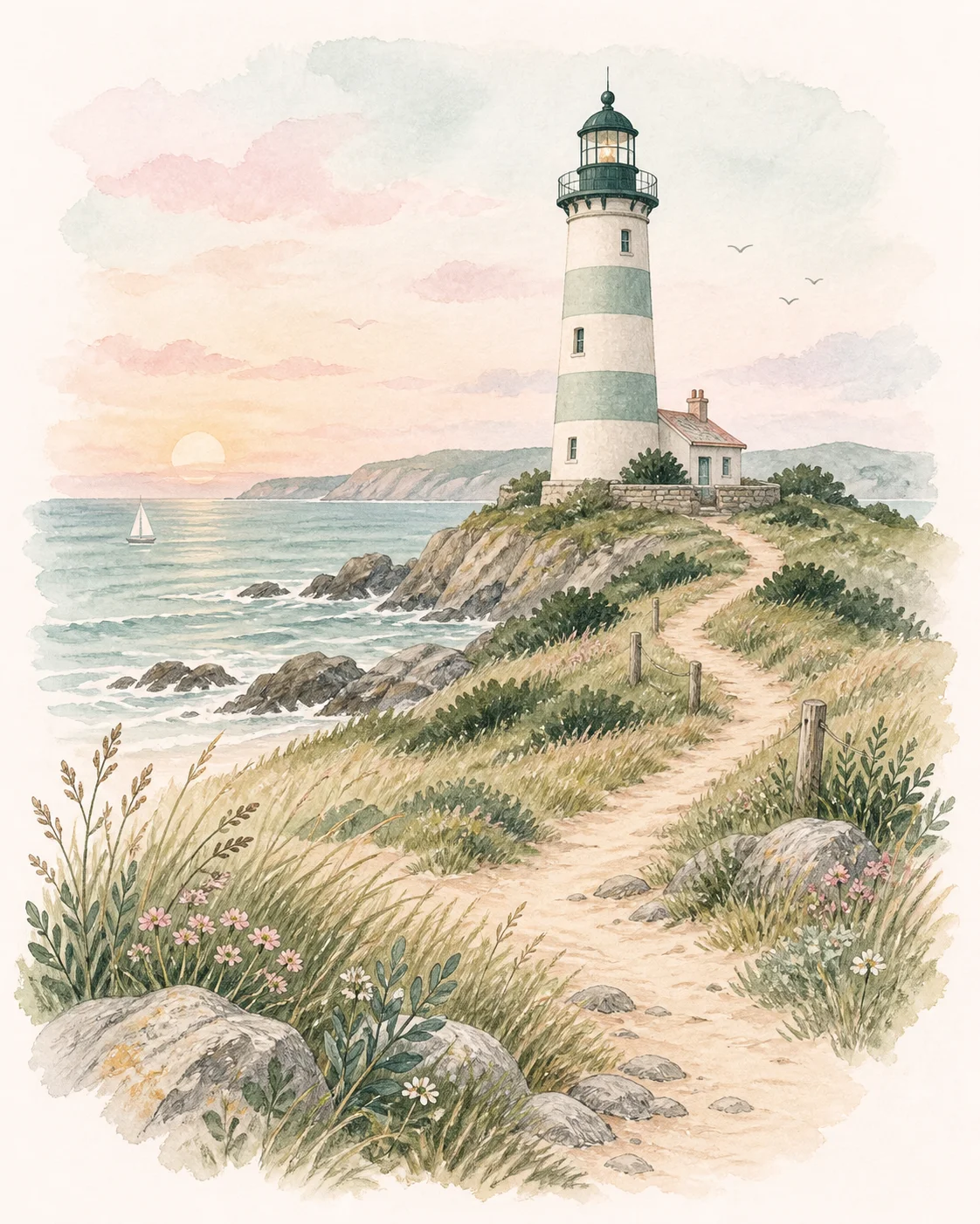 Un sendero entre plantas y flores conduce a un faro junto al mar, ilustrado en acuarela